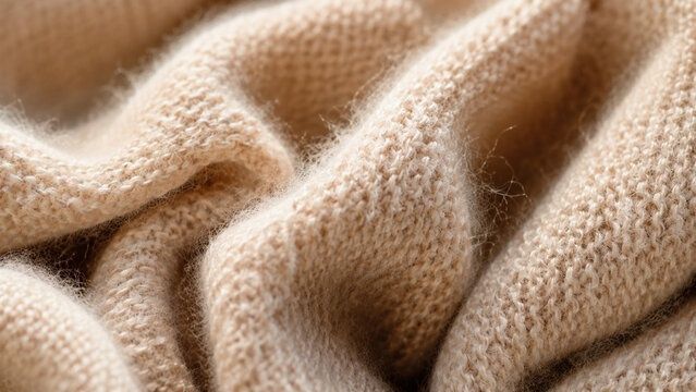 Närbild av mjukt, beige stickat ulltyg med synlig fiberstruktur